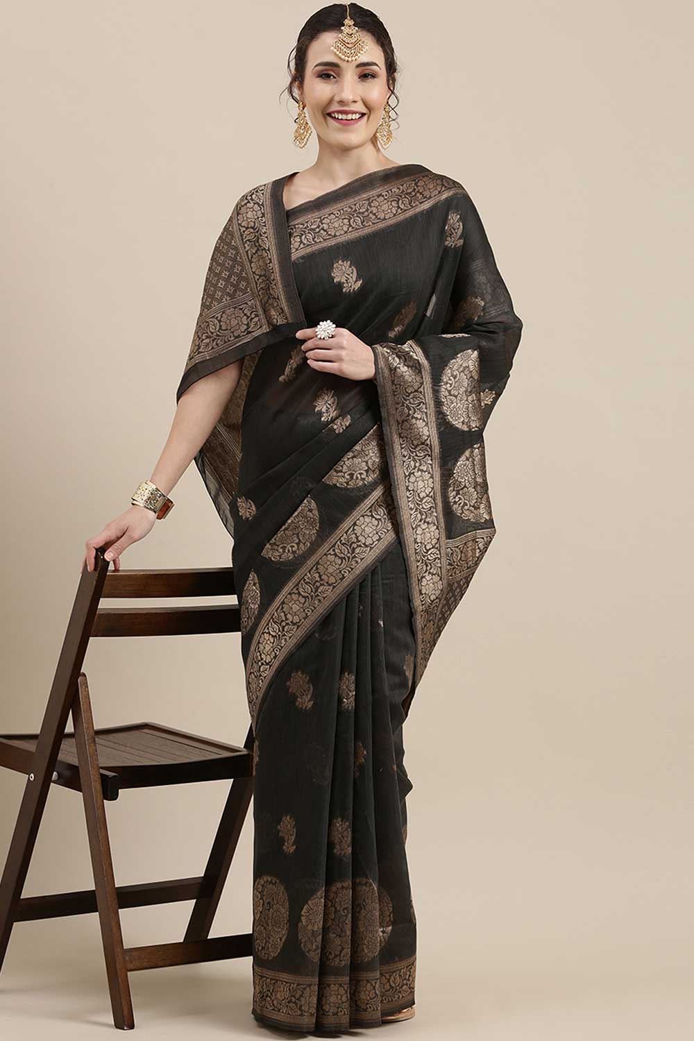 Linen Floral Woven Saree In Grey