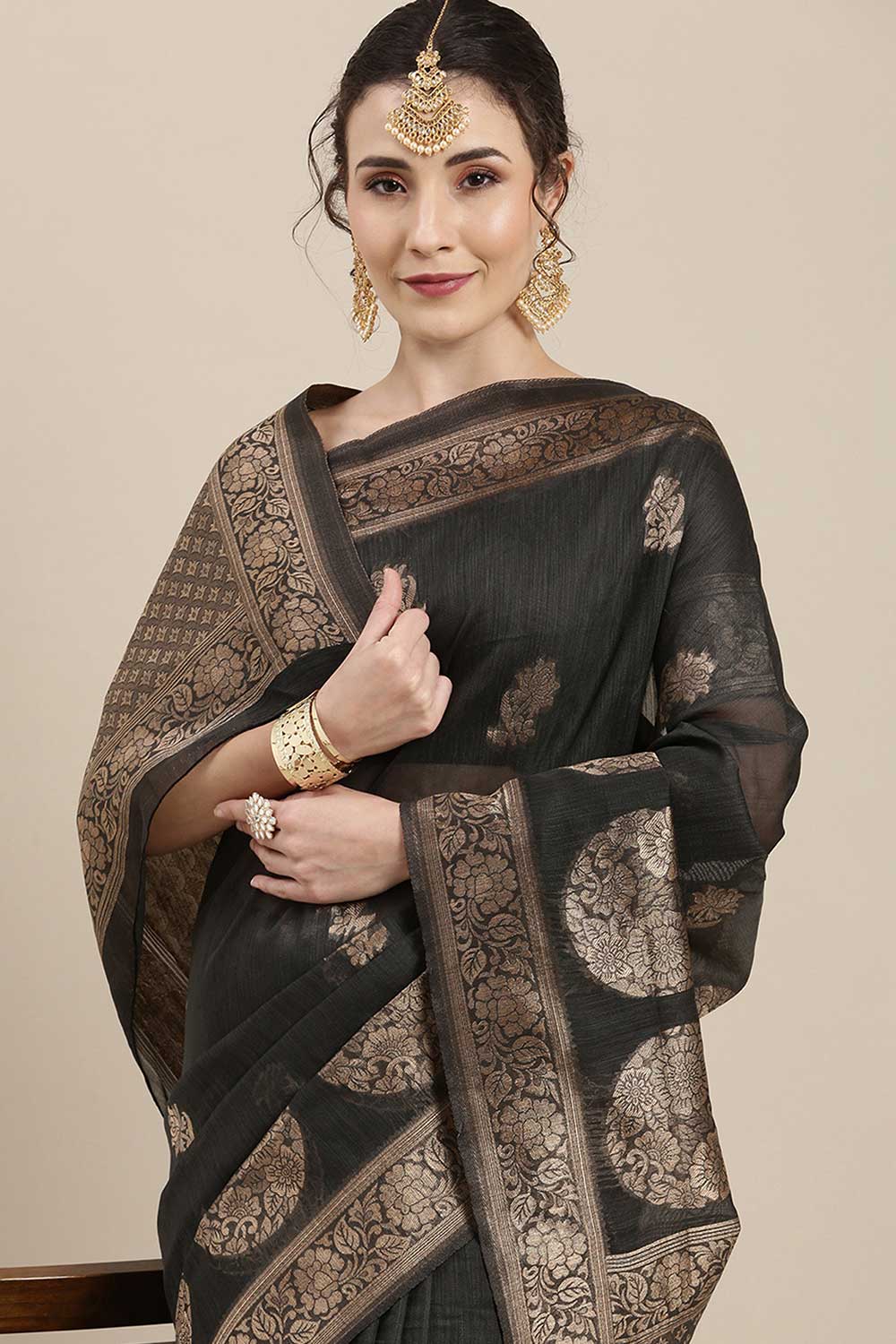 Linen Floral Woven Saree In Grey