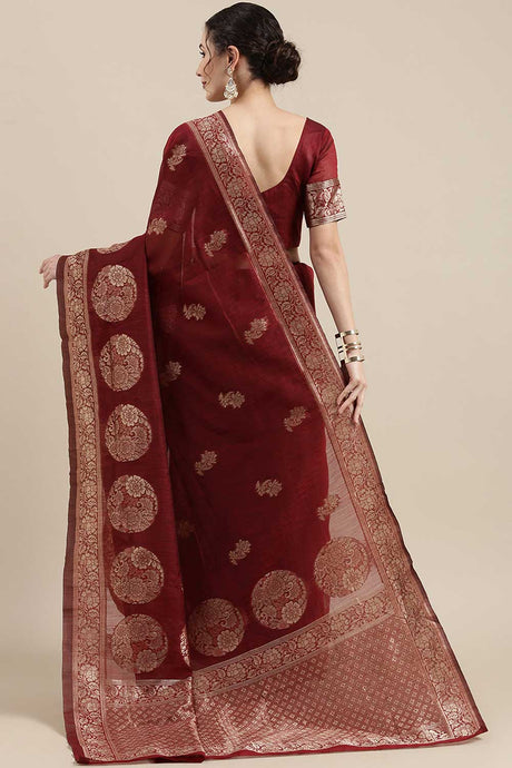 Linen Floral Woven Saree In Maroon