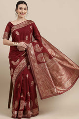 Linen Floral Woven Saree In Maroon