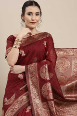 Linen Floral Woven Saree In Maroon