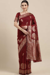 Linen Floral Woven Saree In Maroon