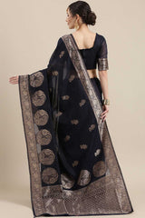 Linen Floral Woven Saree In Navy Blue