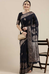 Linen Floral Woven Saree In Navy Blue