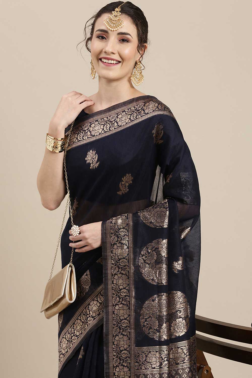 Linen Floral Woven Saree In Navy Blue