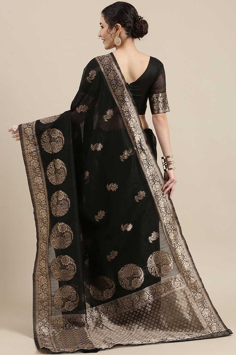 Linen Floral Woven Saree In Black