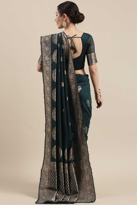 Linen Floral Woven Saree In Teal Green