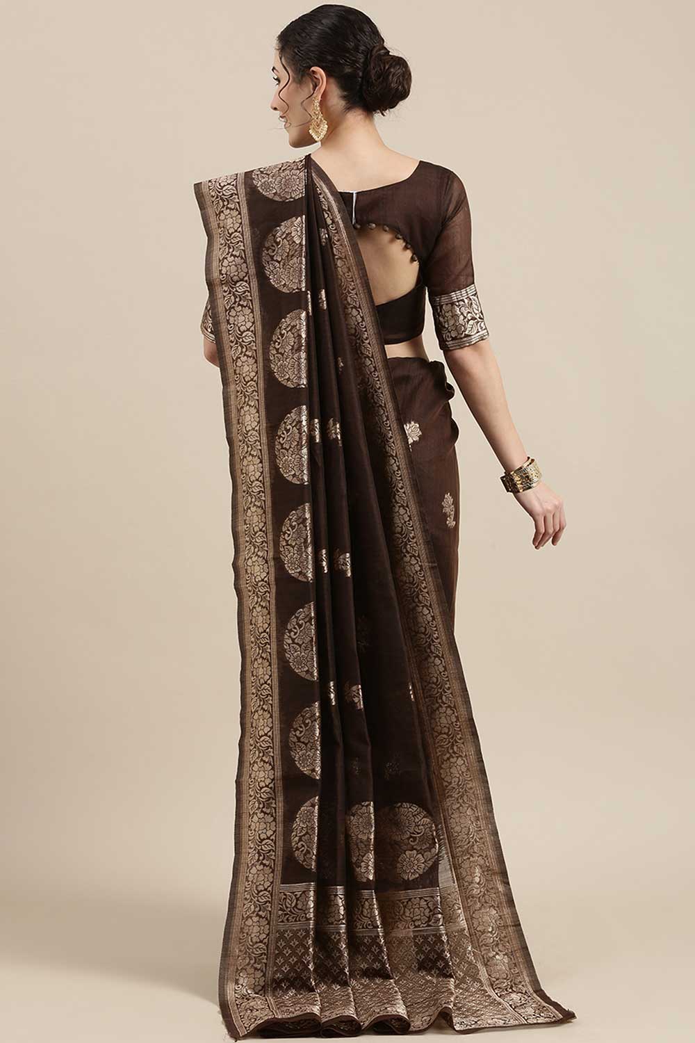 Linen Floral Woven Saree In Brown