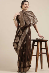 Linen Floral Woven Saree In Brown