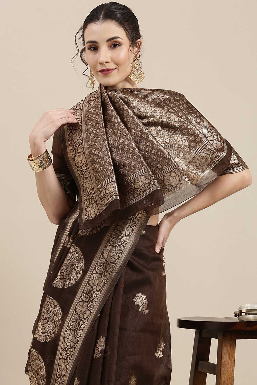 Linen Floral Woven Saree In Brown