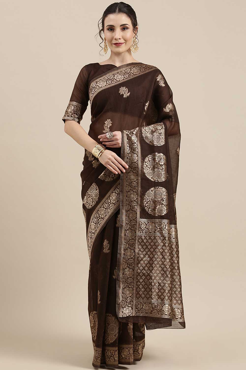 Linen Floral Woven Saree In Brown