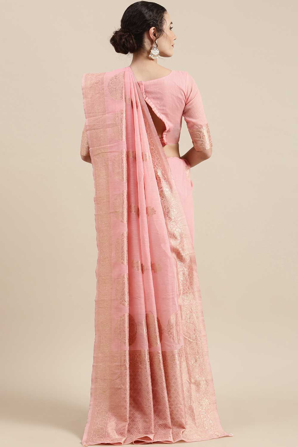 Linen Floral Woven Saree In Pink