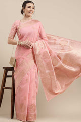 Linen Floral Woven Saree In Pink