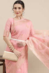 Linen Floral Woven Saree In Pink