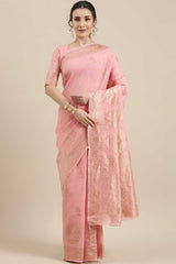 Linen Floral Woven Saree In Pink