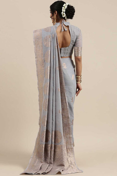 Linen Floral Woven Saree In Grey