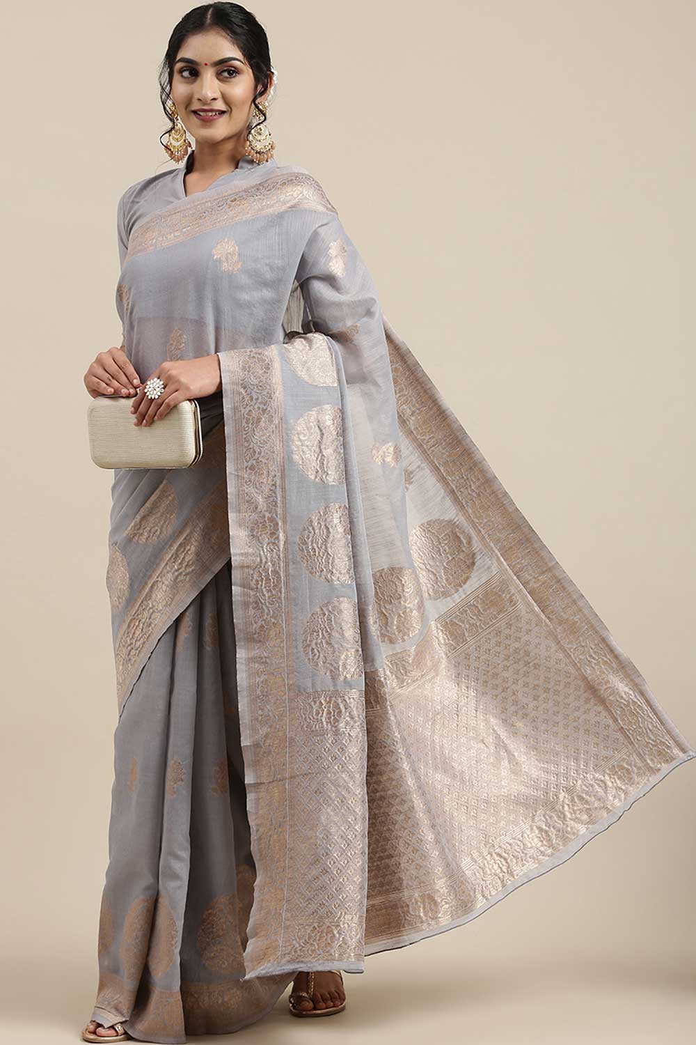 Linen Floral Woven Saree In Grey