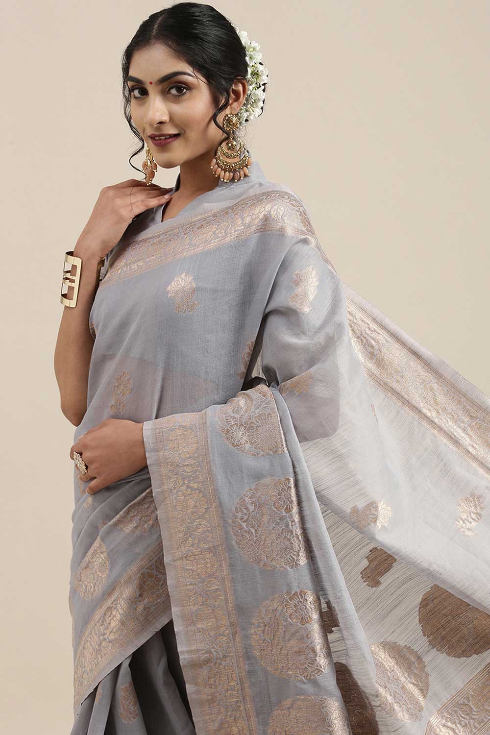 Linen Floral Woven Saree In Grey