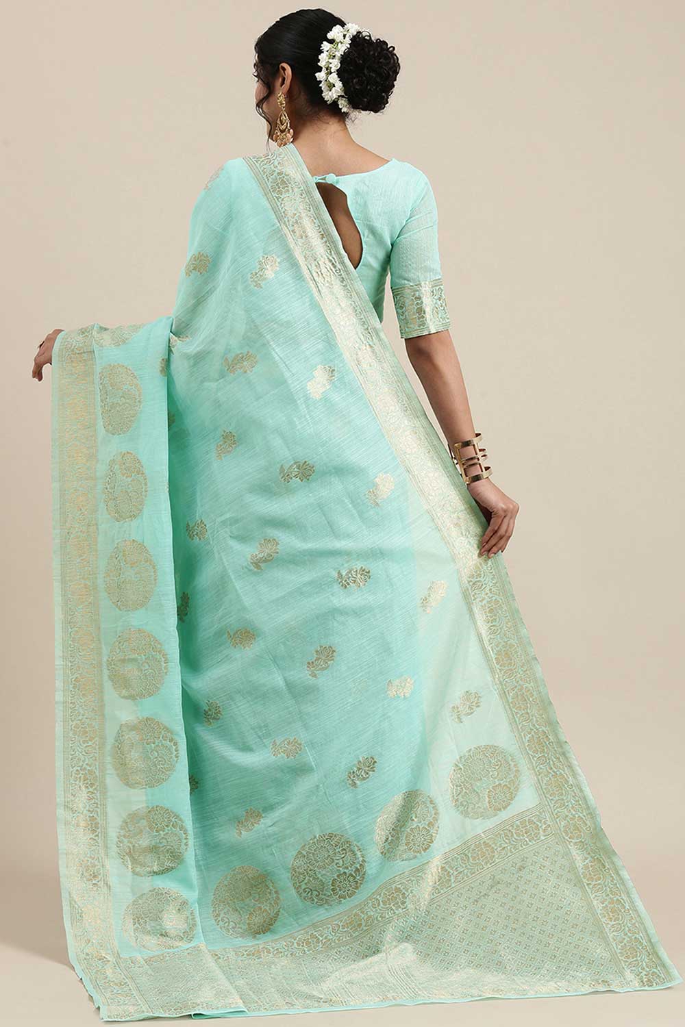 Linen Floral Woven Saree In Sea Green