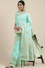 Linen Floral Woven Saree In Sea Green