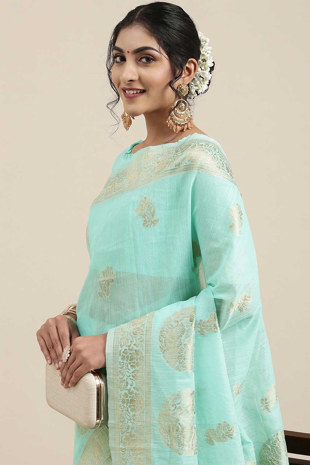 Linen Floral Woven Saree In Sea Green