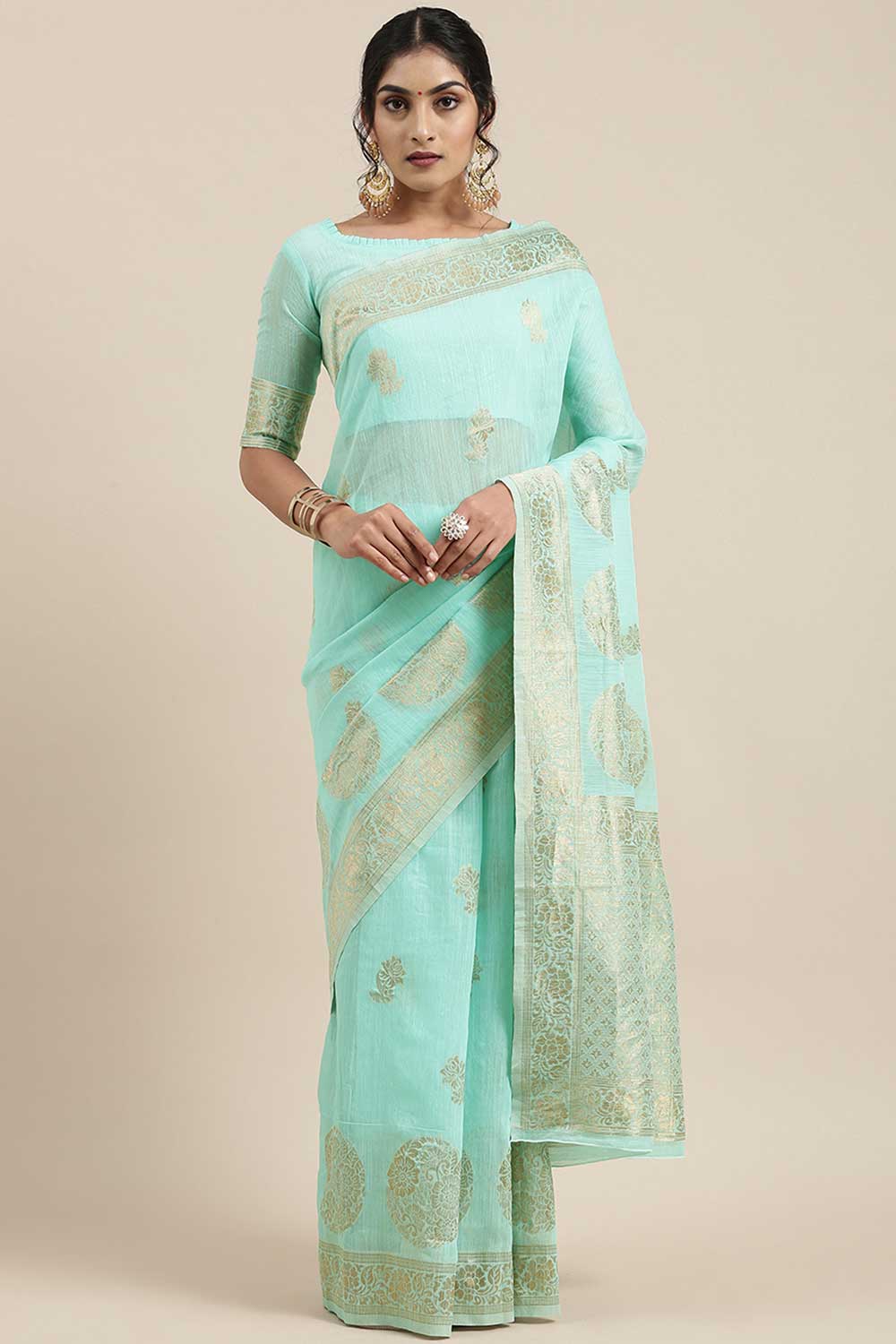 Linen Floral Woven Saree In Sea Green