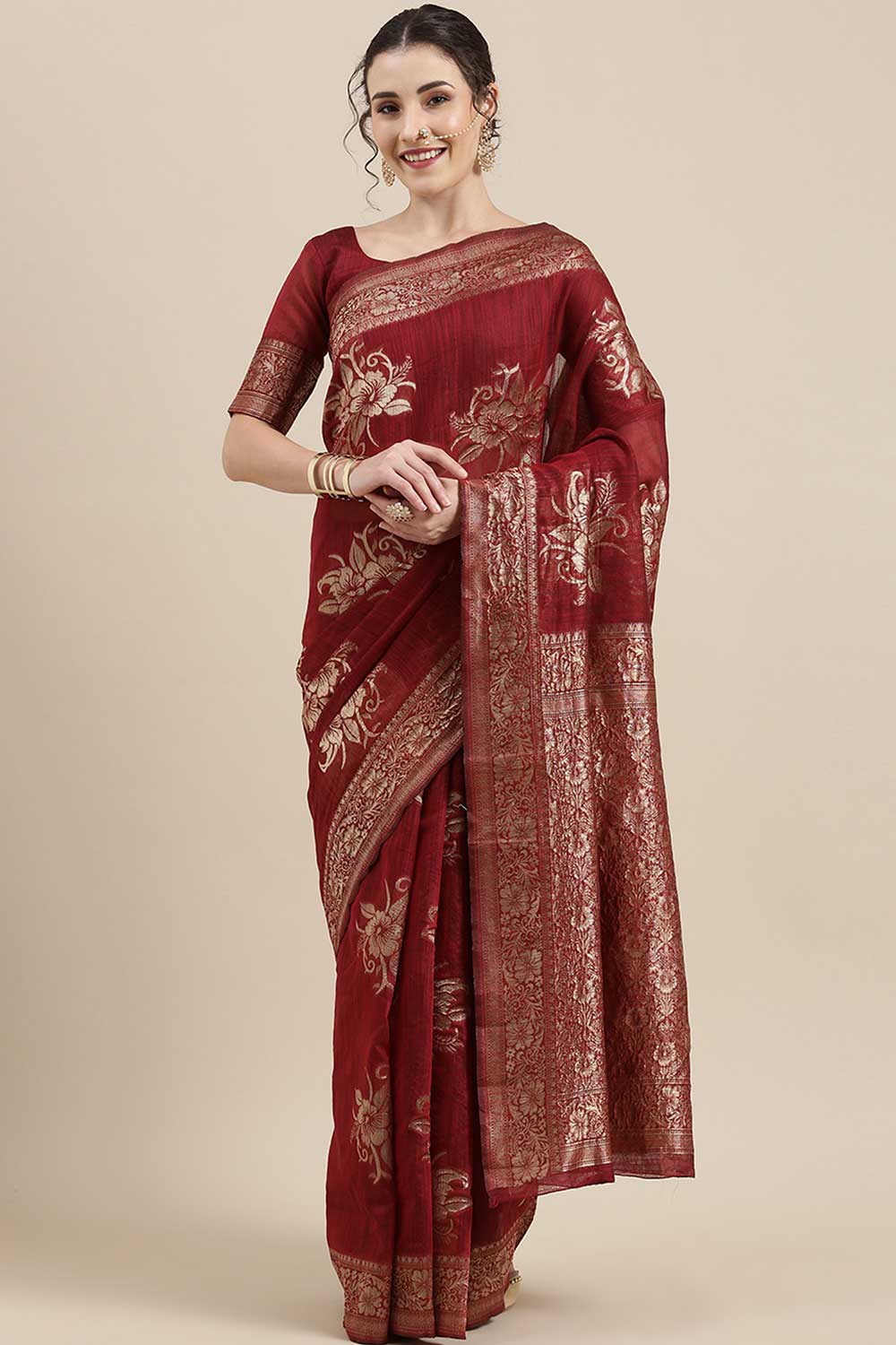 Linen Floral Woven Saree In Maroon