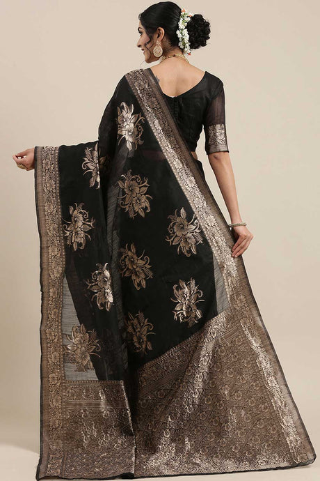 Linen Floral Woven Saree In Black