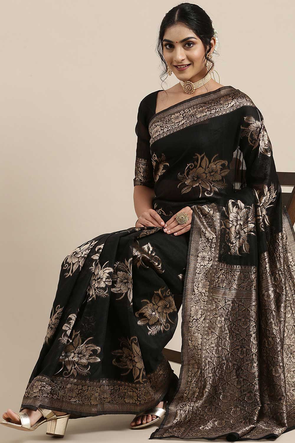 Linen Floral Woven Saree In Black