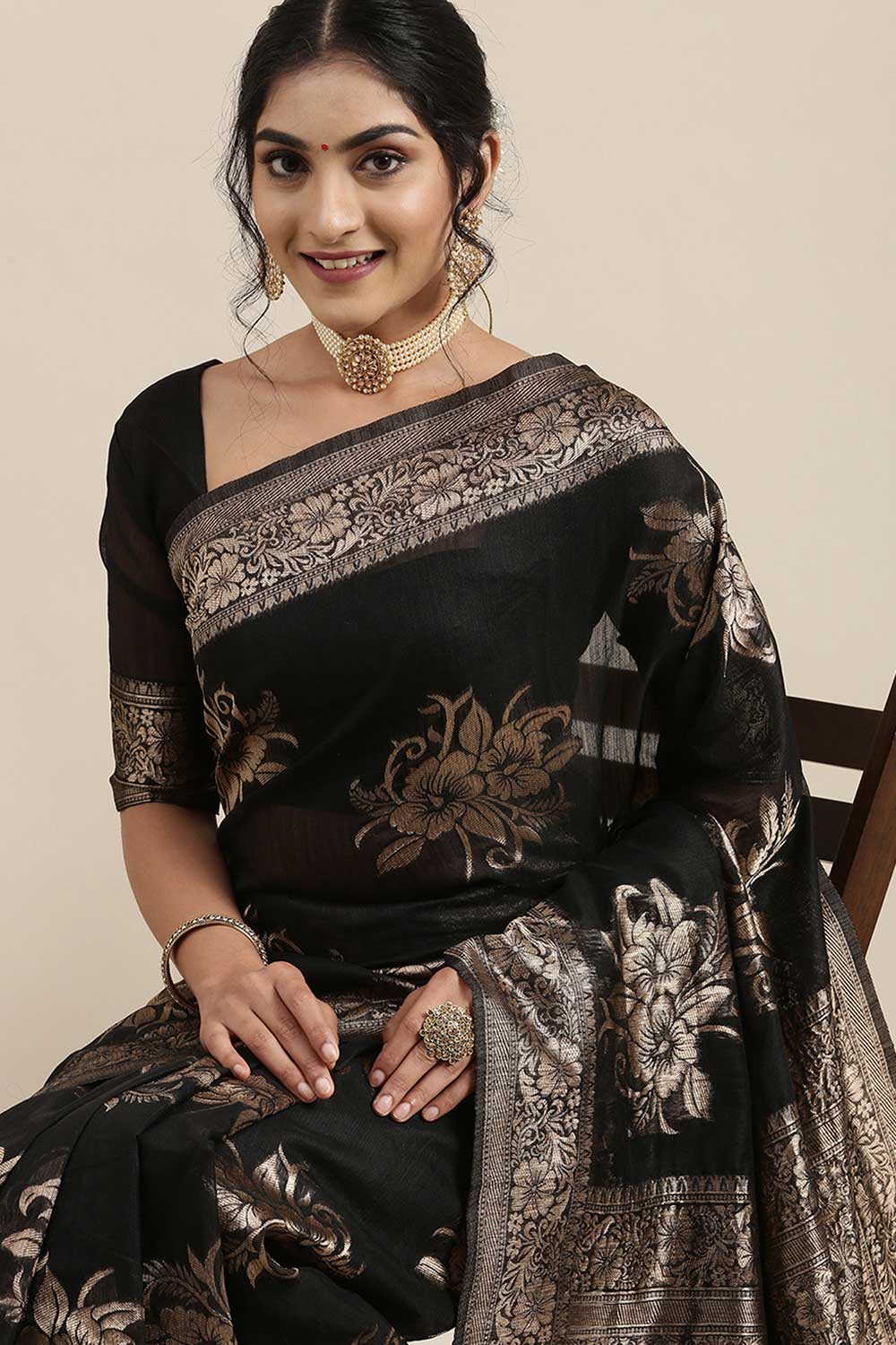 Linen Floral Woven Saree In Black