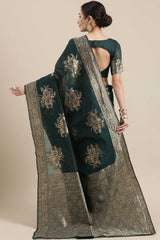 Linen Floral Woven Saree In Teal Green