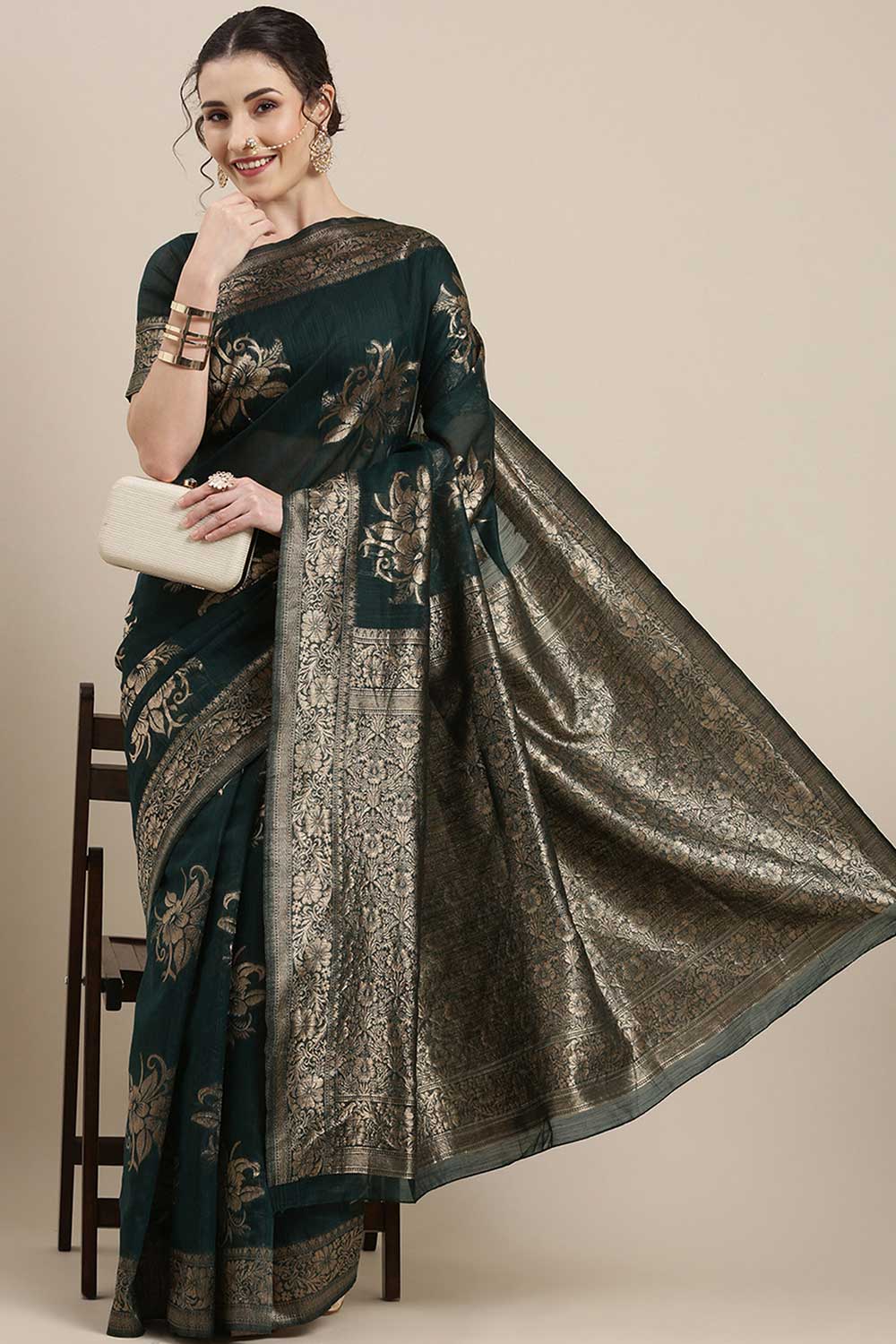 Linen Floral Woven Saree In Teal Green