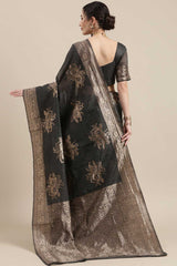 Linen Floral Woven Saree In Grey