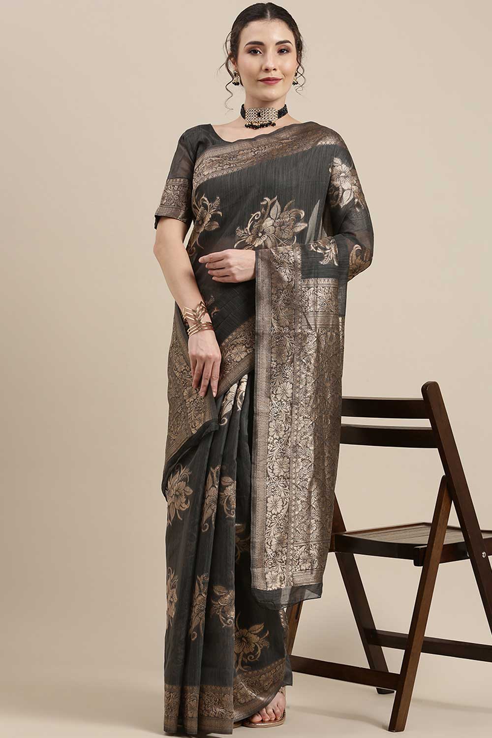 Linen Floral Woven Saree In Grey