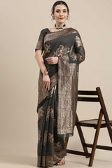 Linen Floral Woven Saree In Grey