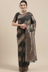 Linen Floral Woven Saree In Grey