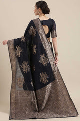 Linen Floral Woven Saree In Navy Blue