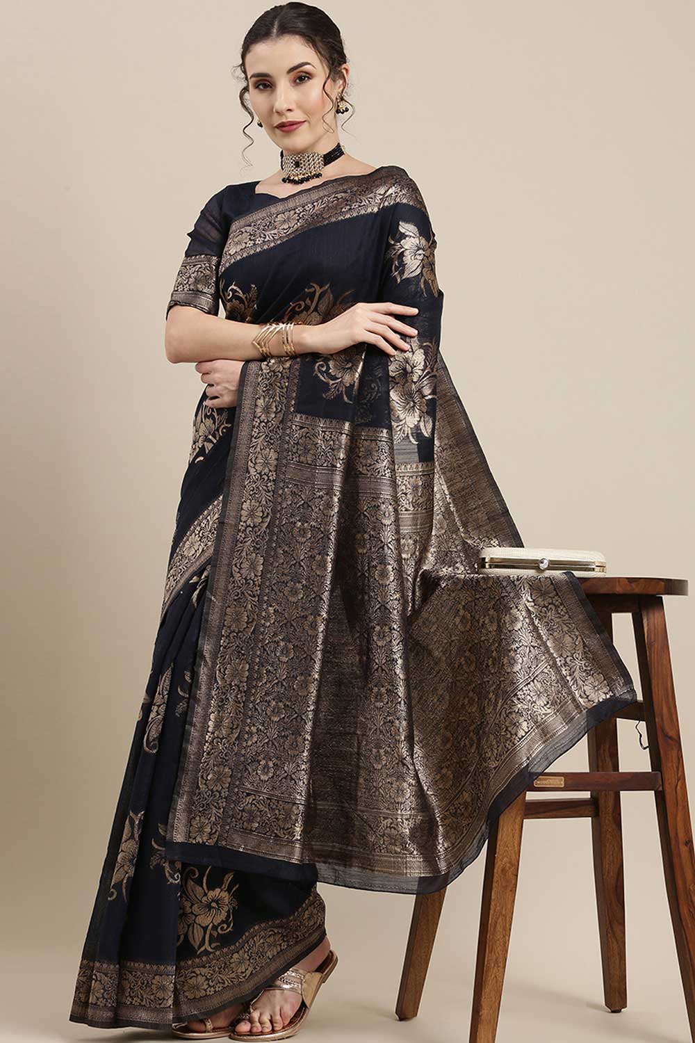 Linen Floral Woven Saree In Navy Blue