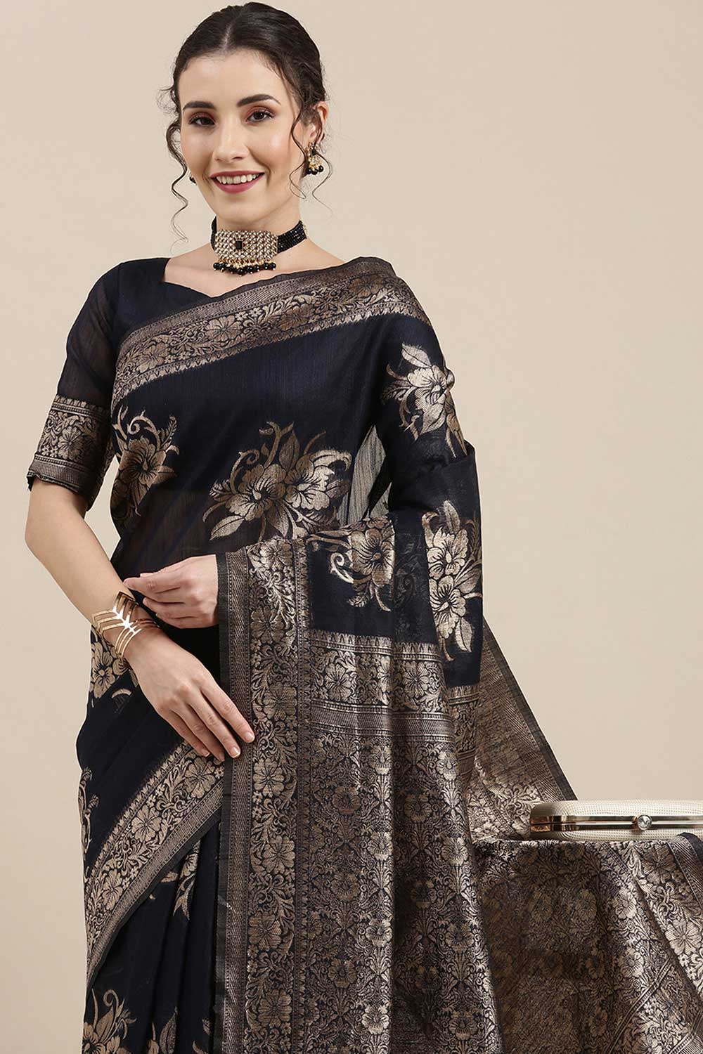 Linen Floral Woven Saree In Navy Blue