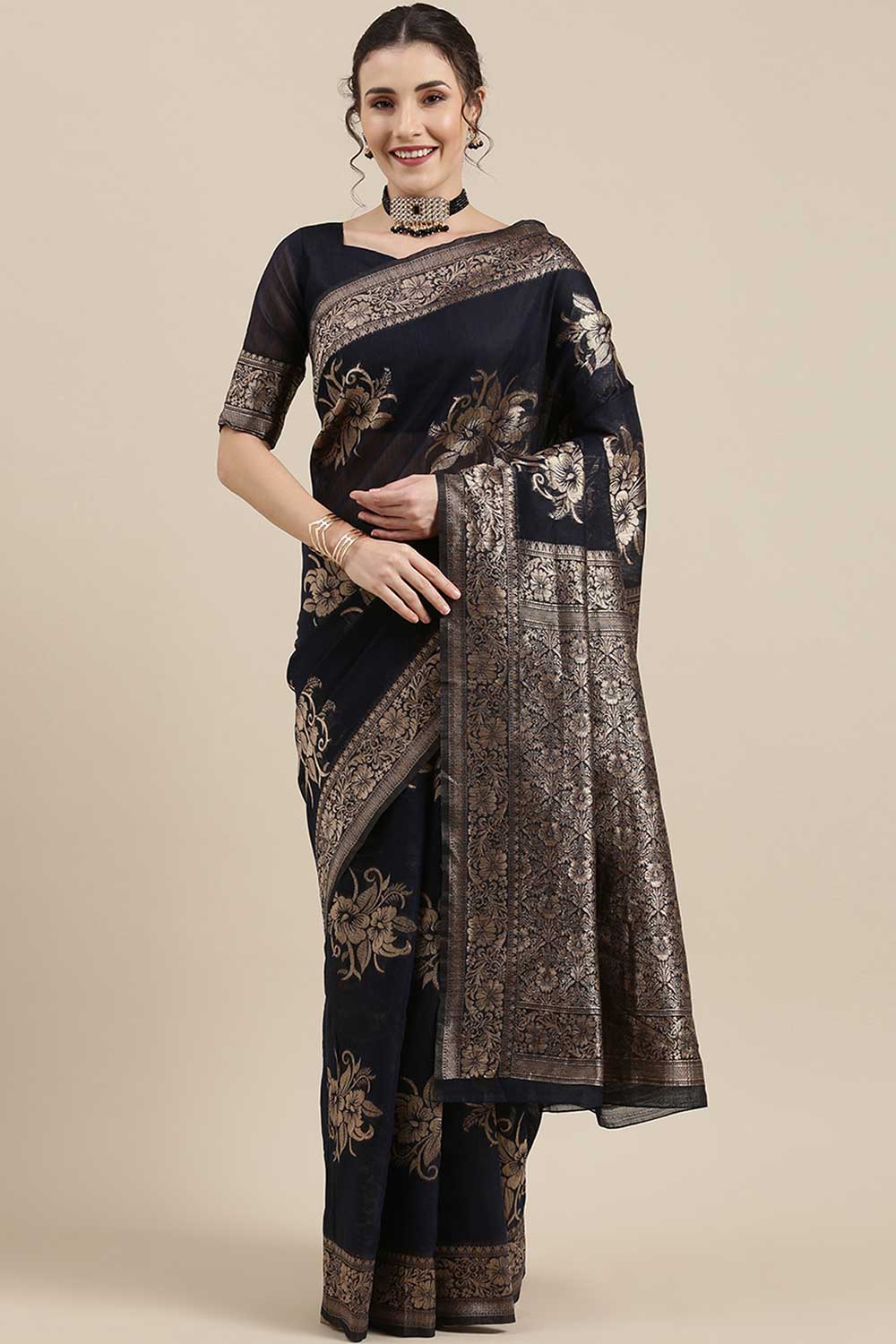 Linen Floral Woven Saree In Navy Blue