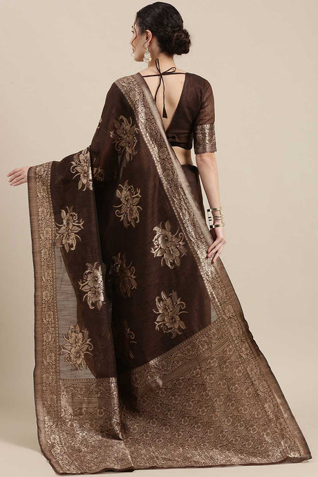 Linen Floral Woven Saree In Brown