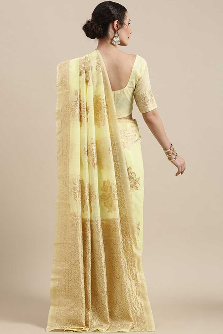 Linen Floral Woven Saree In Yellow