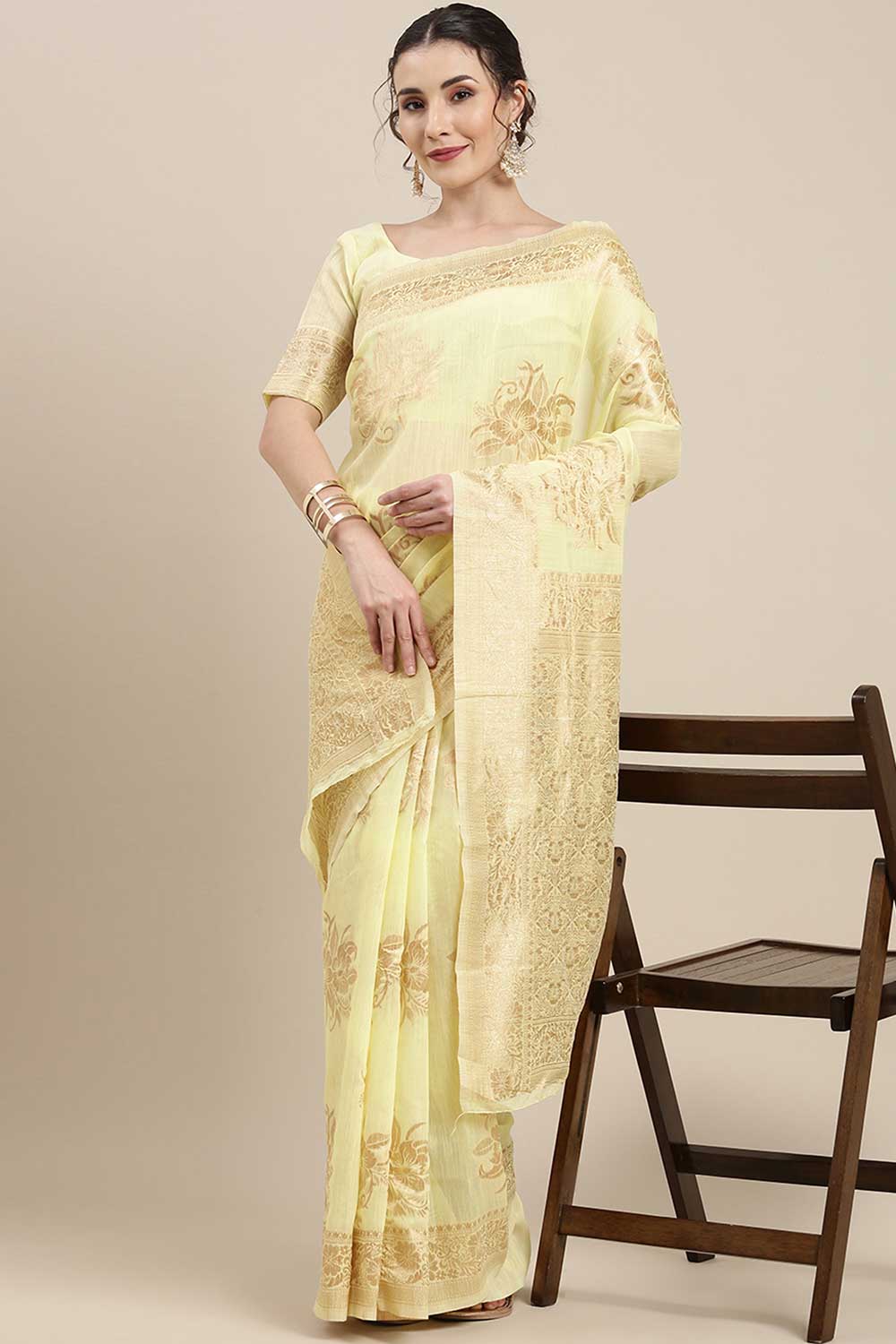 Linen Floral Woven Saree In Yellow