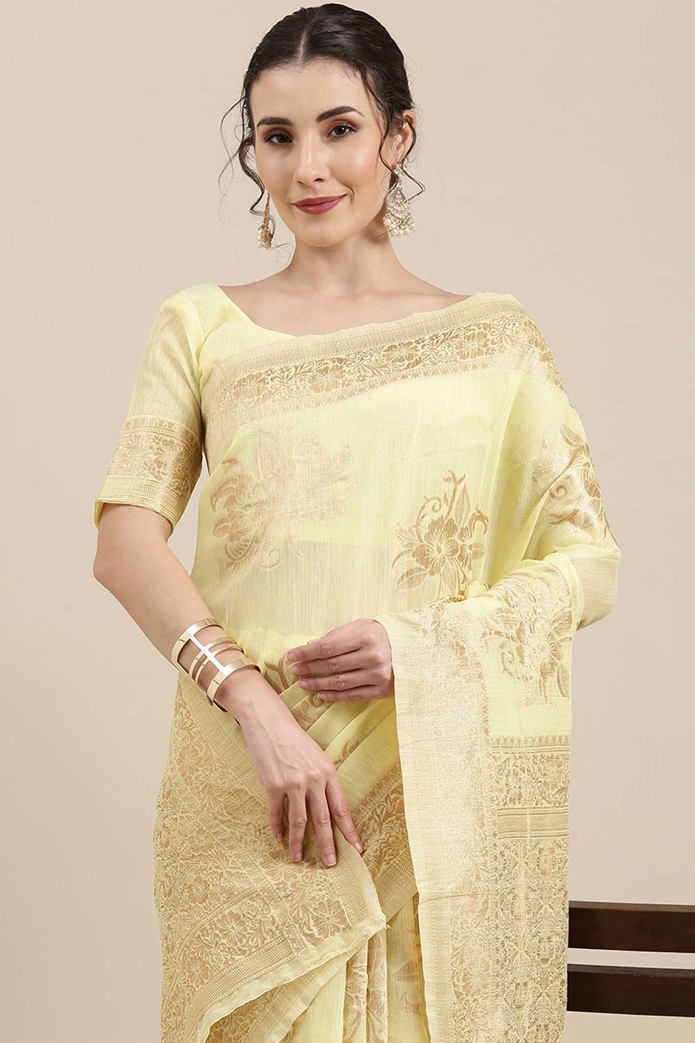 Linen Floral Woven Saree In Yellow