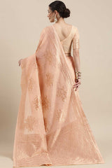 Linen Floral Woven Saree In Peach