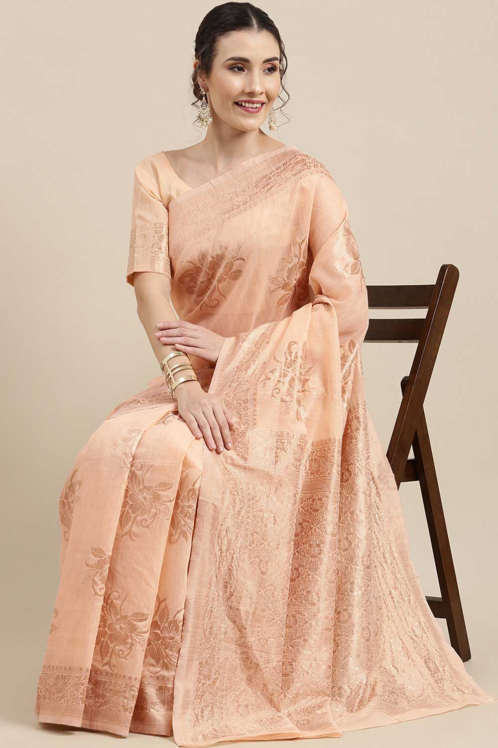 Linen Floral Woven Saree In Peach