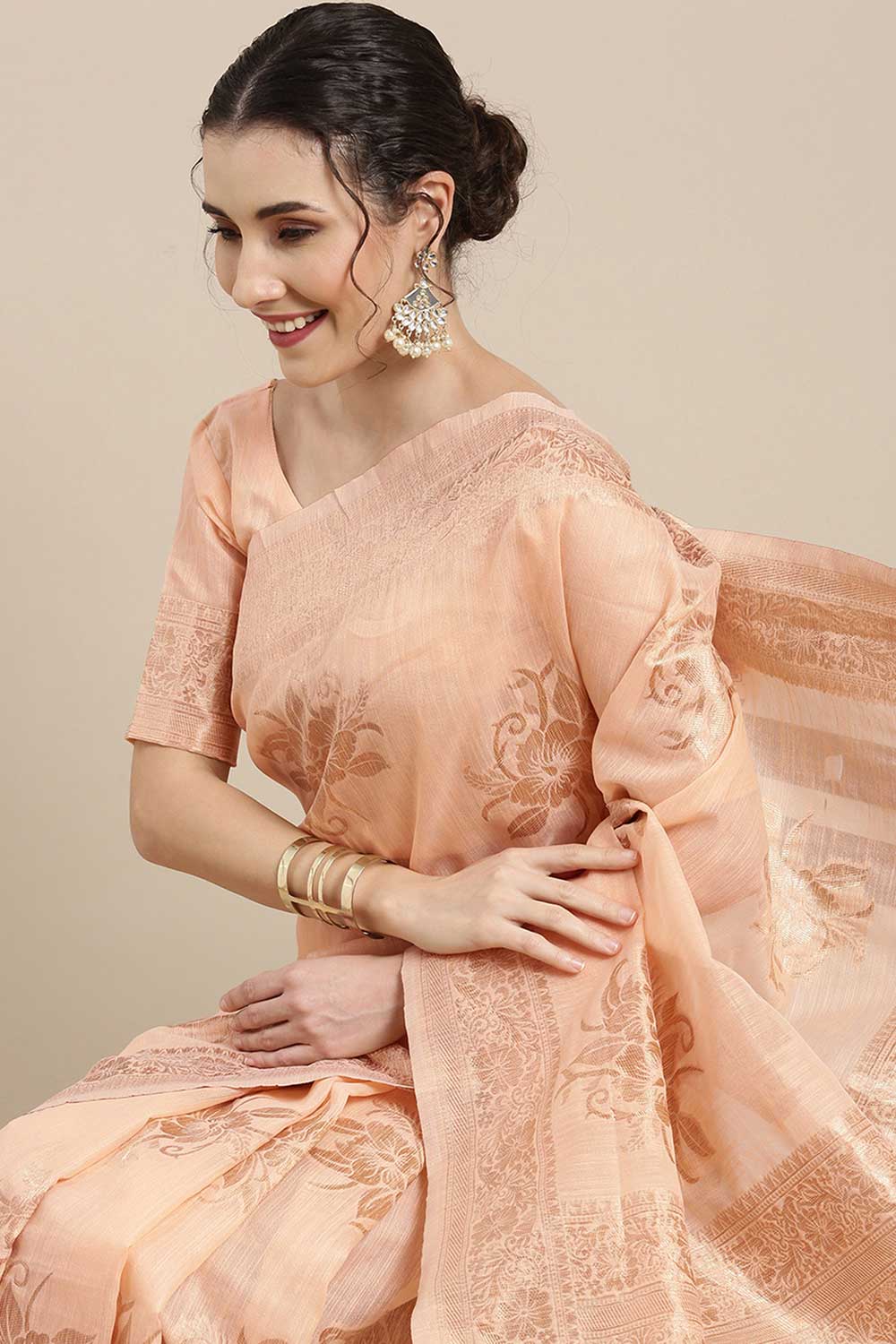 Linen Floral Woven Saree In Peach