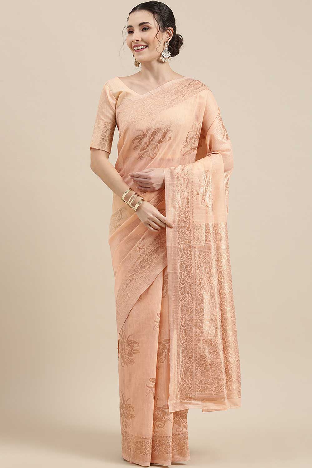 Linen Floral Woven Saree In Peach