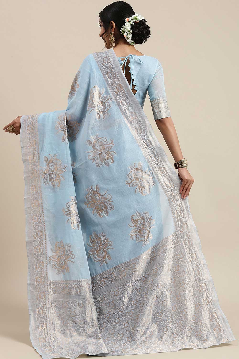 Linen Floral Woven Saree In Turquoise