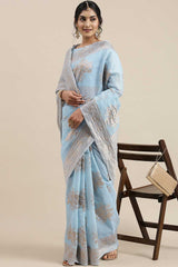 Linen Floral Woven Saree In Turquoise